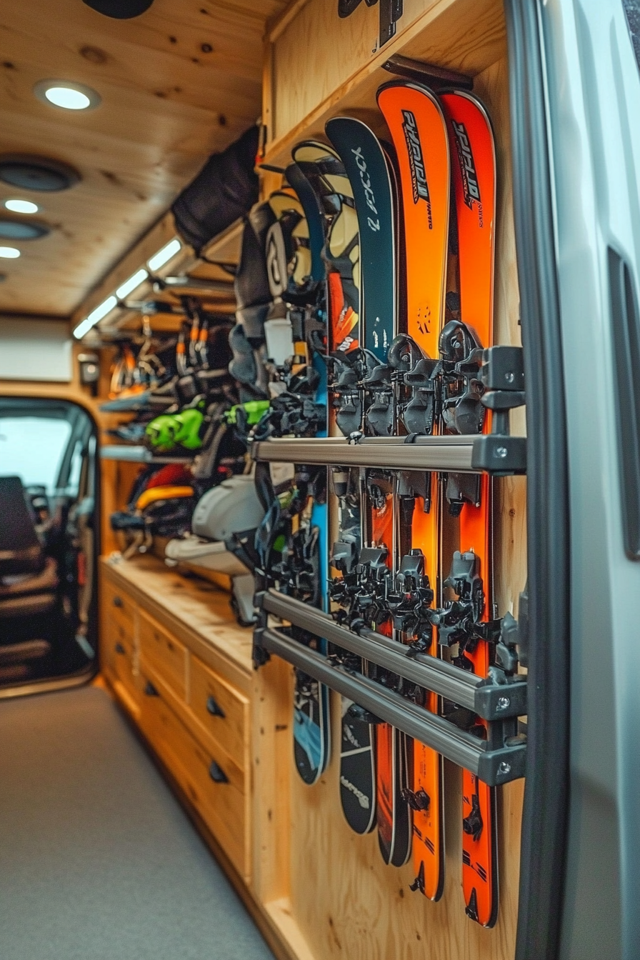 Adventure van storage space. Wall-mounted ski racks and convertible drying area.