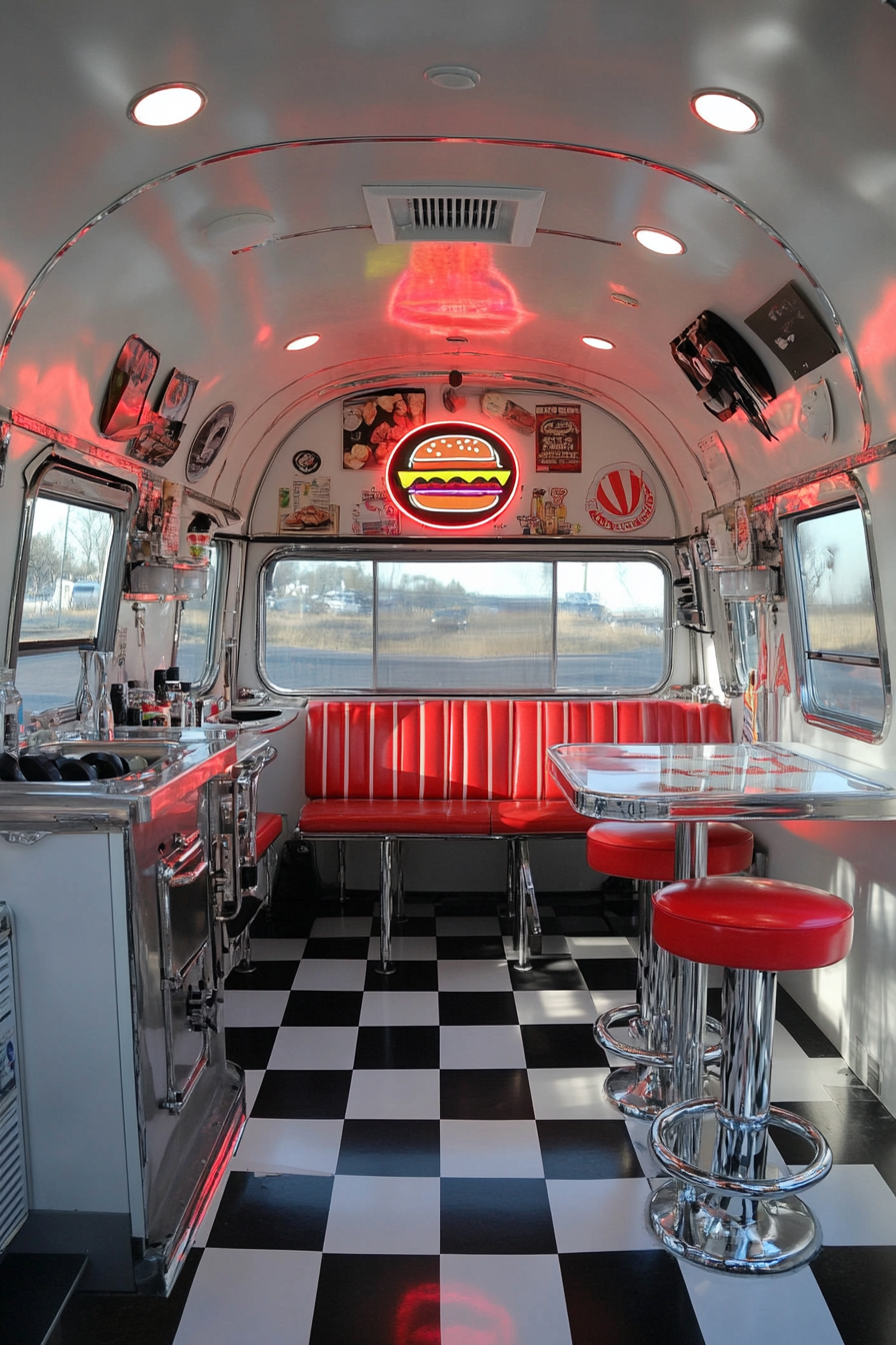 Retro-Style Camper Dining Space. Checkerboard floor, red stools, diner-style chrome table, with a neon hamburger sign.