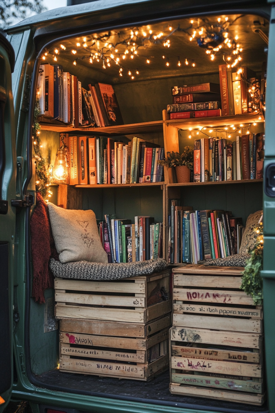 Eco-Friendly Van Reading Corner. Fairy lights twine around repurposed wooden crates filled with books.