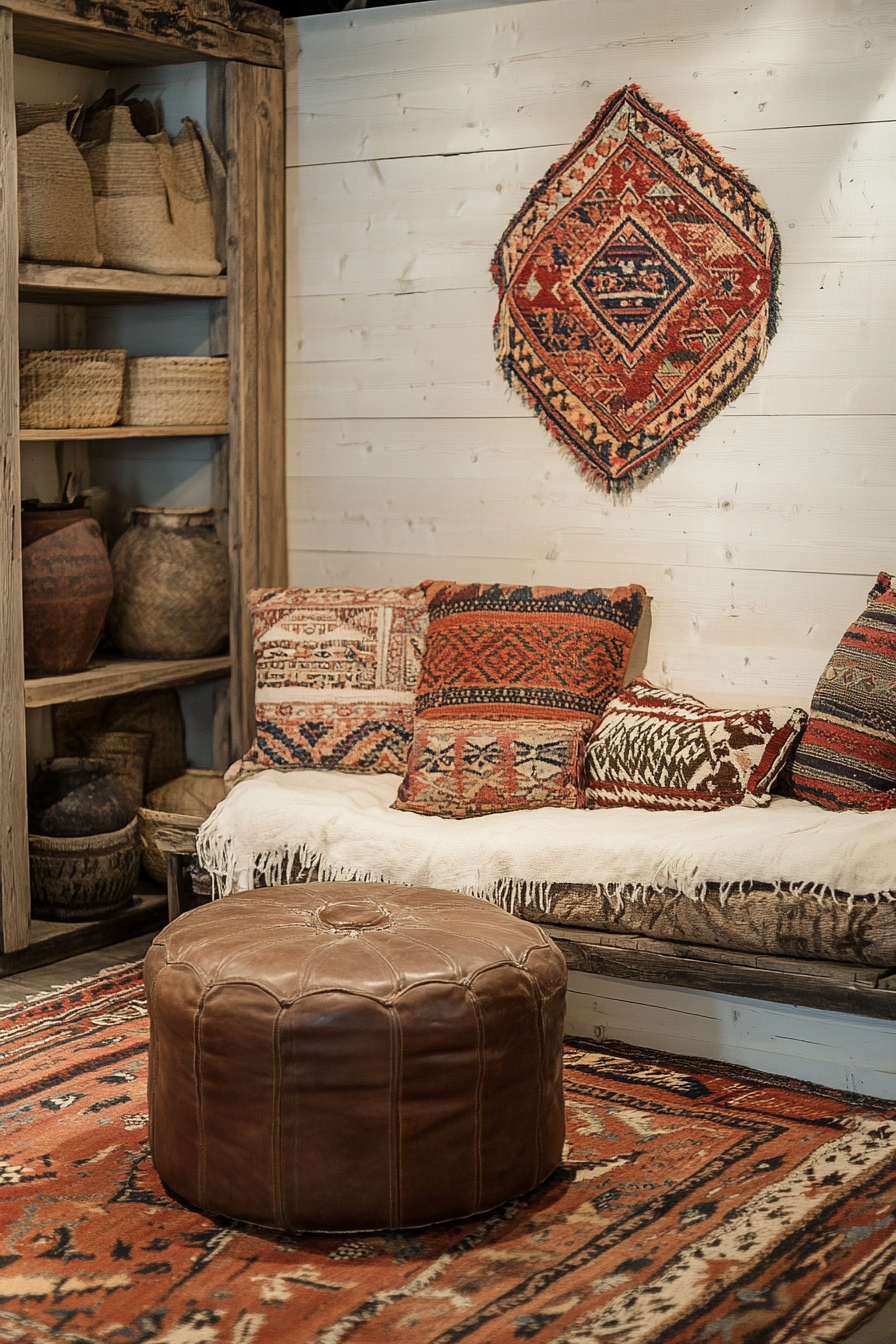 Rustic-style yurt living space. Kilim print pillows on rawhide ottoman.