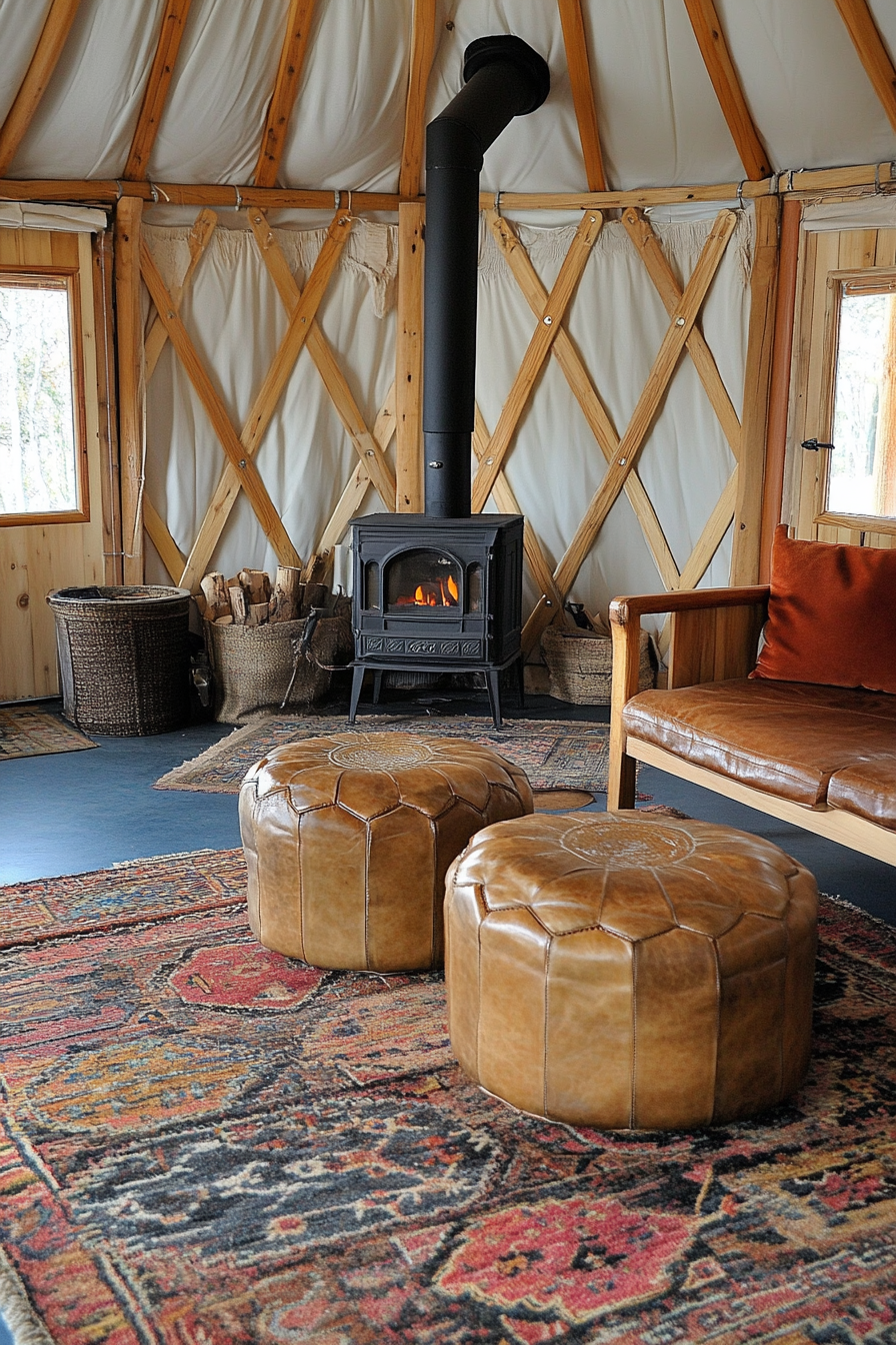 Rustic yurt living space. Wood-burning stove, tribal rugs, tan leather poufs.