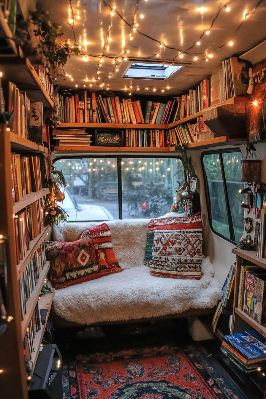 Eco-Friendly Van Reading Corner: lit with multipoint solar panel fairy lights, antic World Discovery books display.