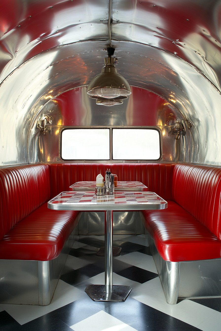 Airstream dining nook. Chrome finishes, red vinyl booths, vintage formica top table.