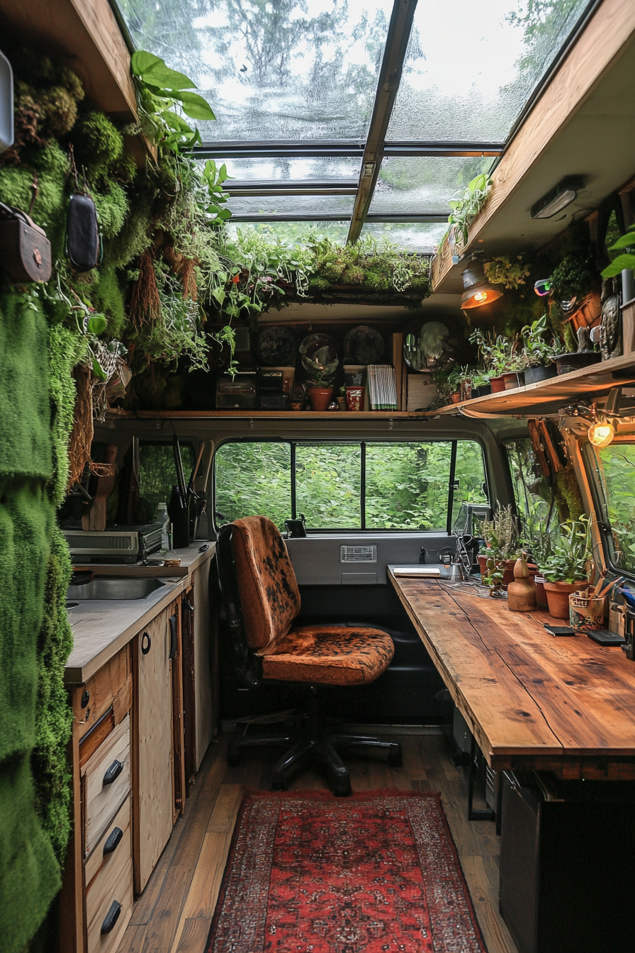 Van workspace. Live roof greenhouse, curing mahogany desk, wall-to wall Bryum anomaly moss.