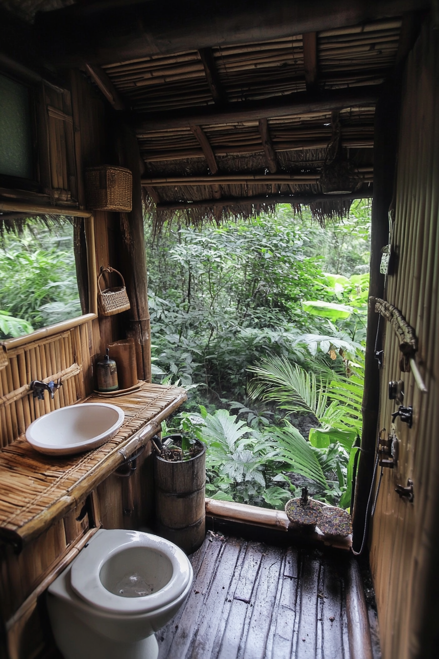 Tiny bathroom. Composting toilet, bamboo vanity, grey water recycling system.