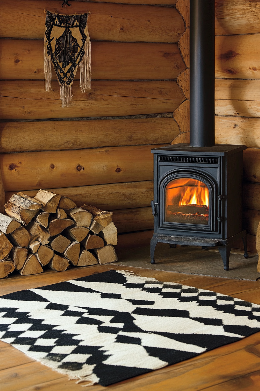 Rustic-Style Yurt Living Space. Log wood stove near a monochrome tribal rug.