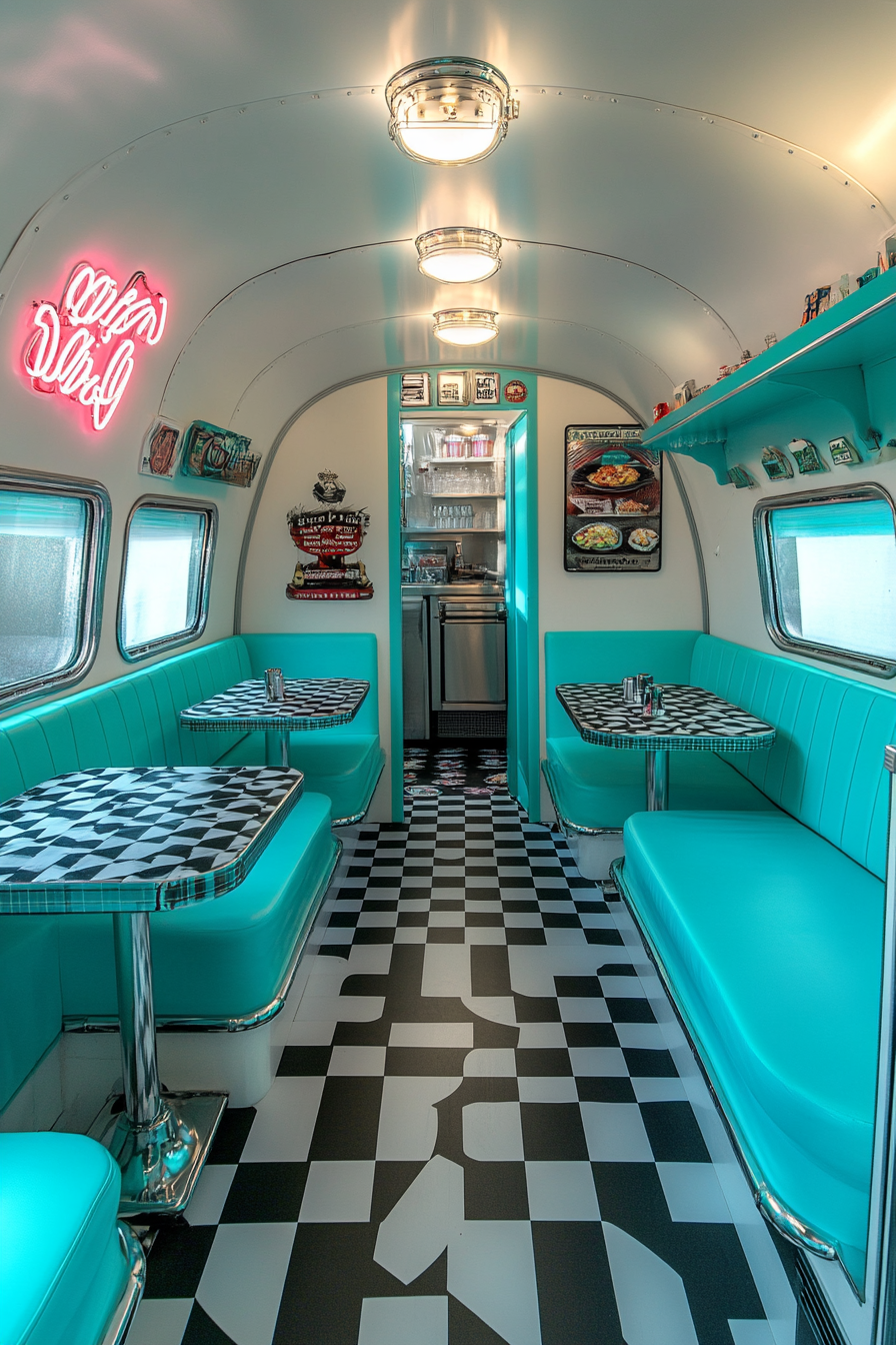 Retro-inspired camper dining area. Neon signs, turquoise booths, black and white checkerboard floor.