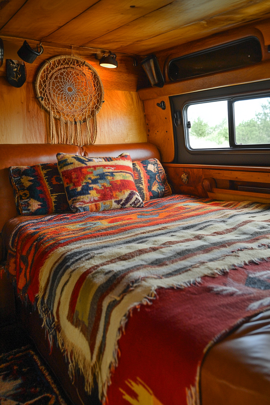 Van bedroom. Leather futon with a Navajo print blanket and a tan leather dreamcatcher.