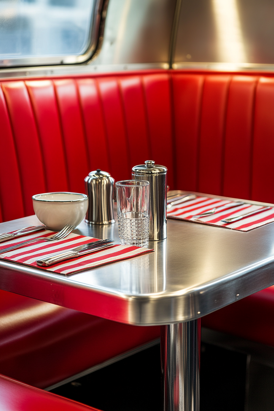 Vintage Airstream Dining Nook. Chrome-finished table, red vinyl booth, and formica counters.