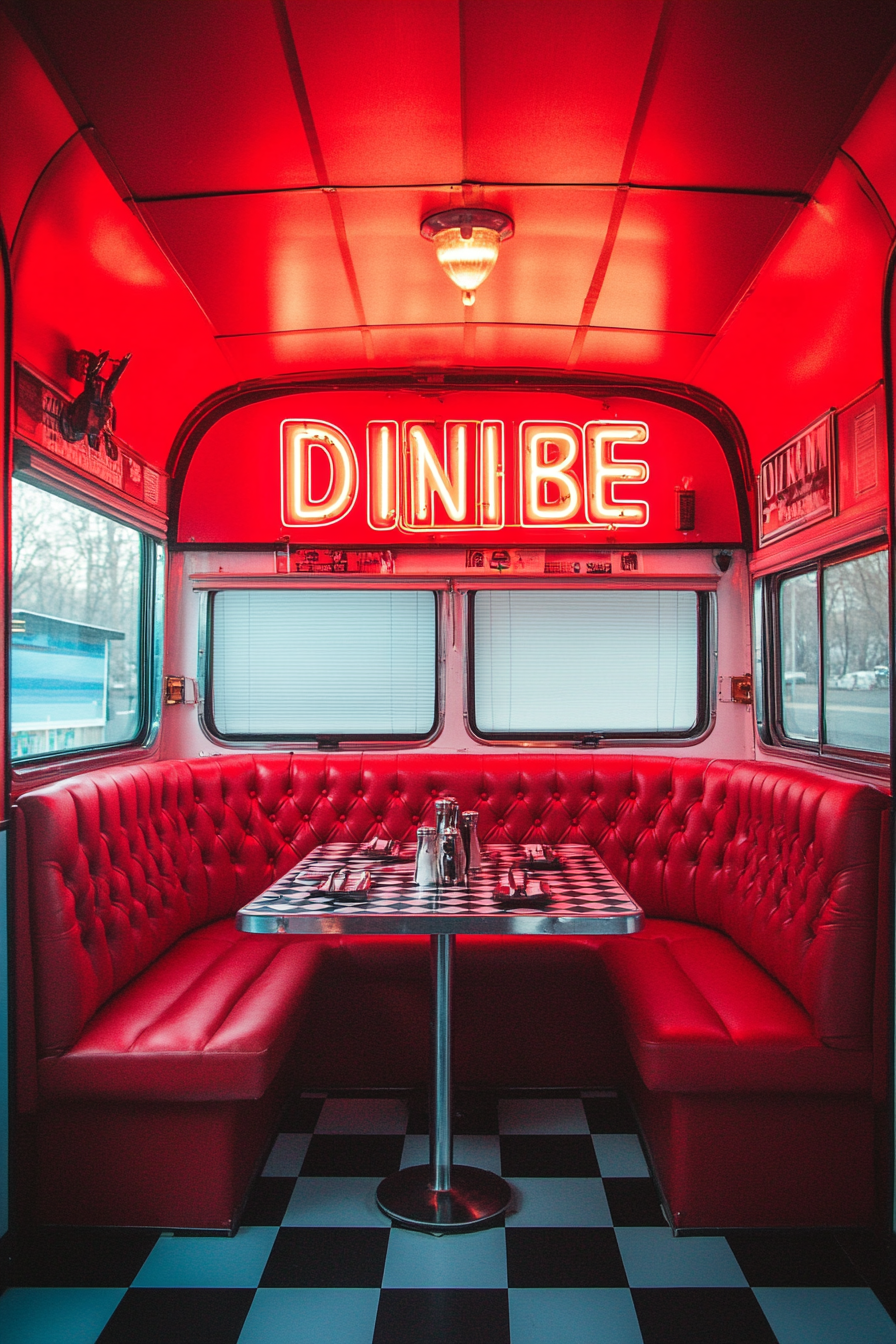 Retro-style camper dining space. Red leather booth, neon 'Diner' sign, black and white checkered vinyl floor.