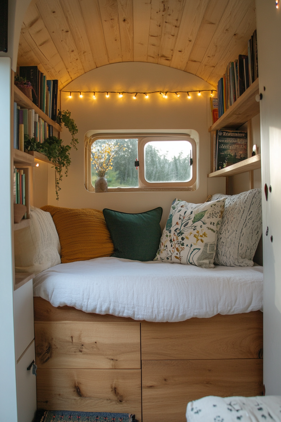 Eco-friendly van reading corner. Oak book storage, Maize fairy lights, pure cotton recycled cushions.