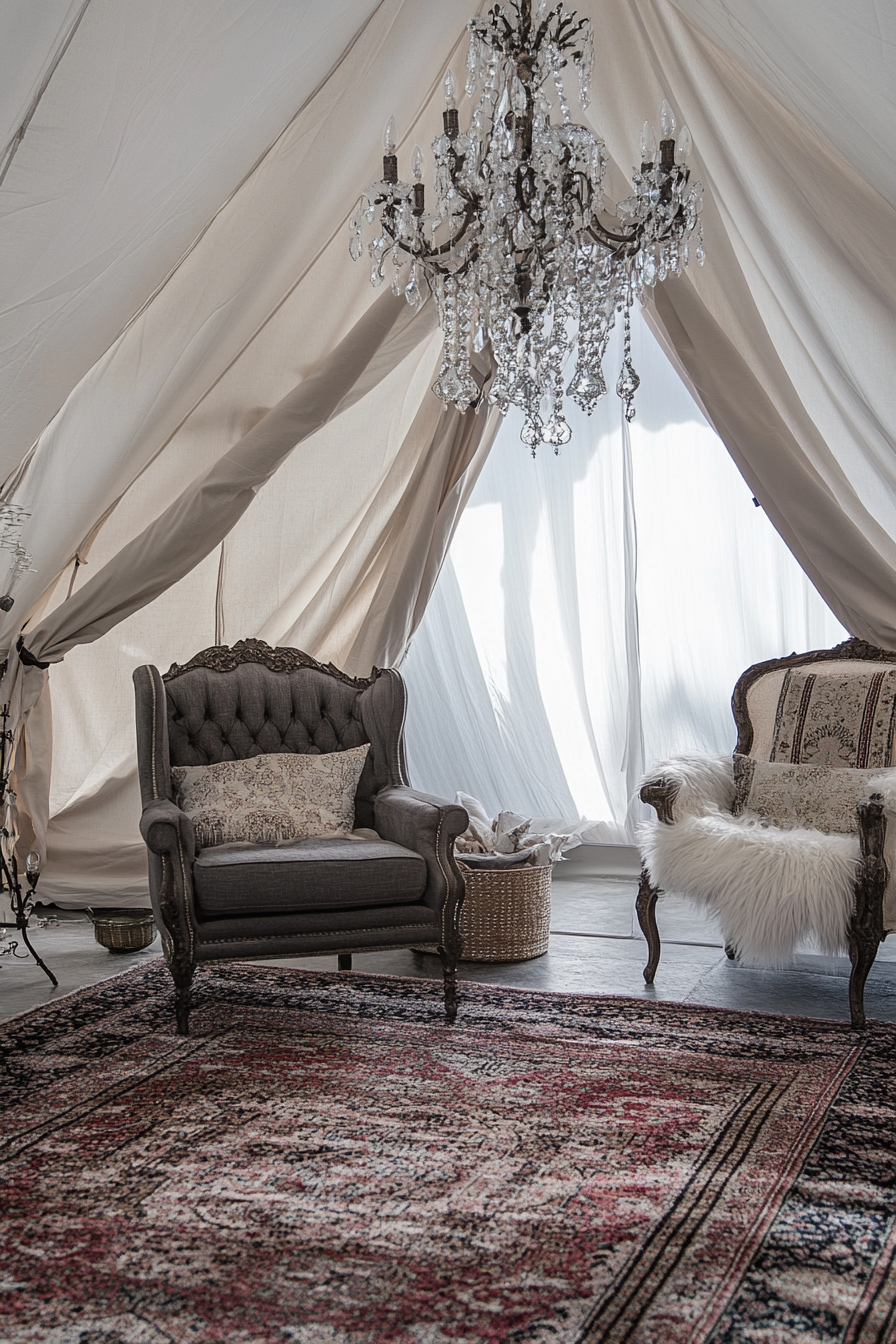 Luxury Glamping Tent Suite. Canvas walls, pearl-grey Persian rugs, tear-drop crystal chandelier.