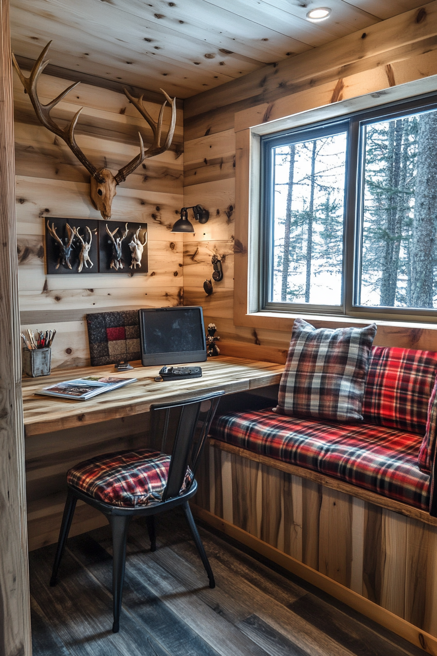 Alpine Tiny House Office. Pine desk with plaid cushions and antler hooks.