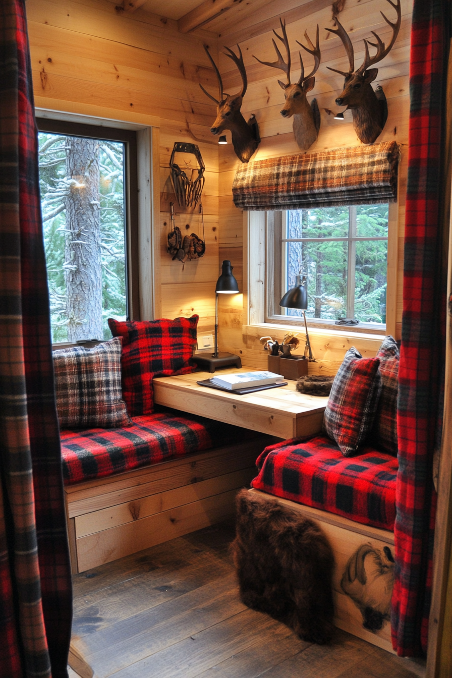 Alpine tiny house office. Pine desk orchestrated with antler hooks and plaid cushions.