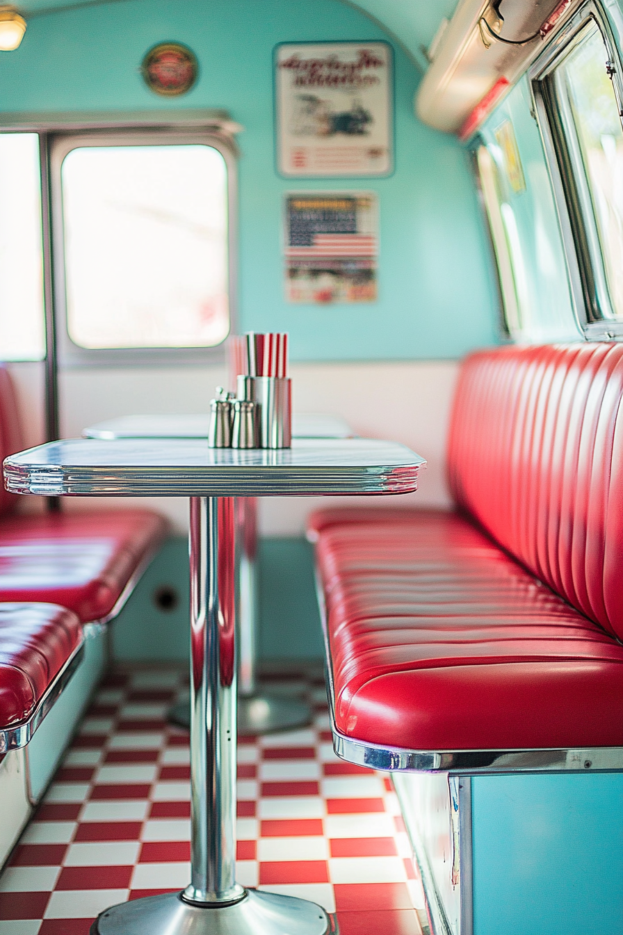 Vintage Airstream Dining Nook. Chrome-edged table, red vinyl checkered booth seating, marble formica countertop.