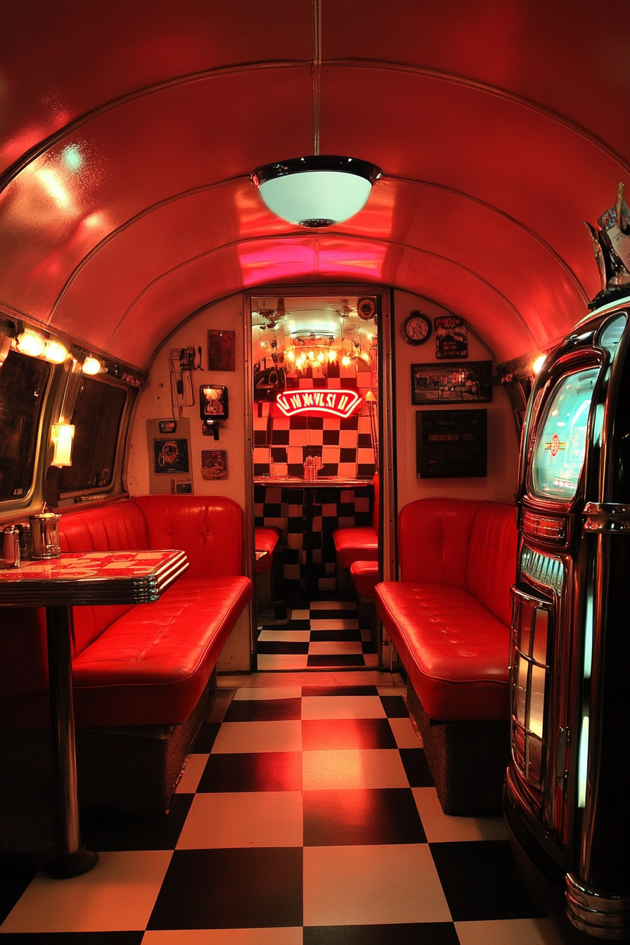 Retro camper dining space. Checkerboard floor, red diner-style booth, neon jukebox.