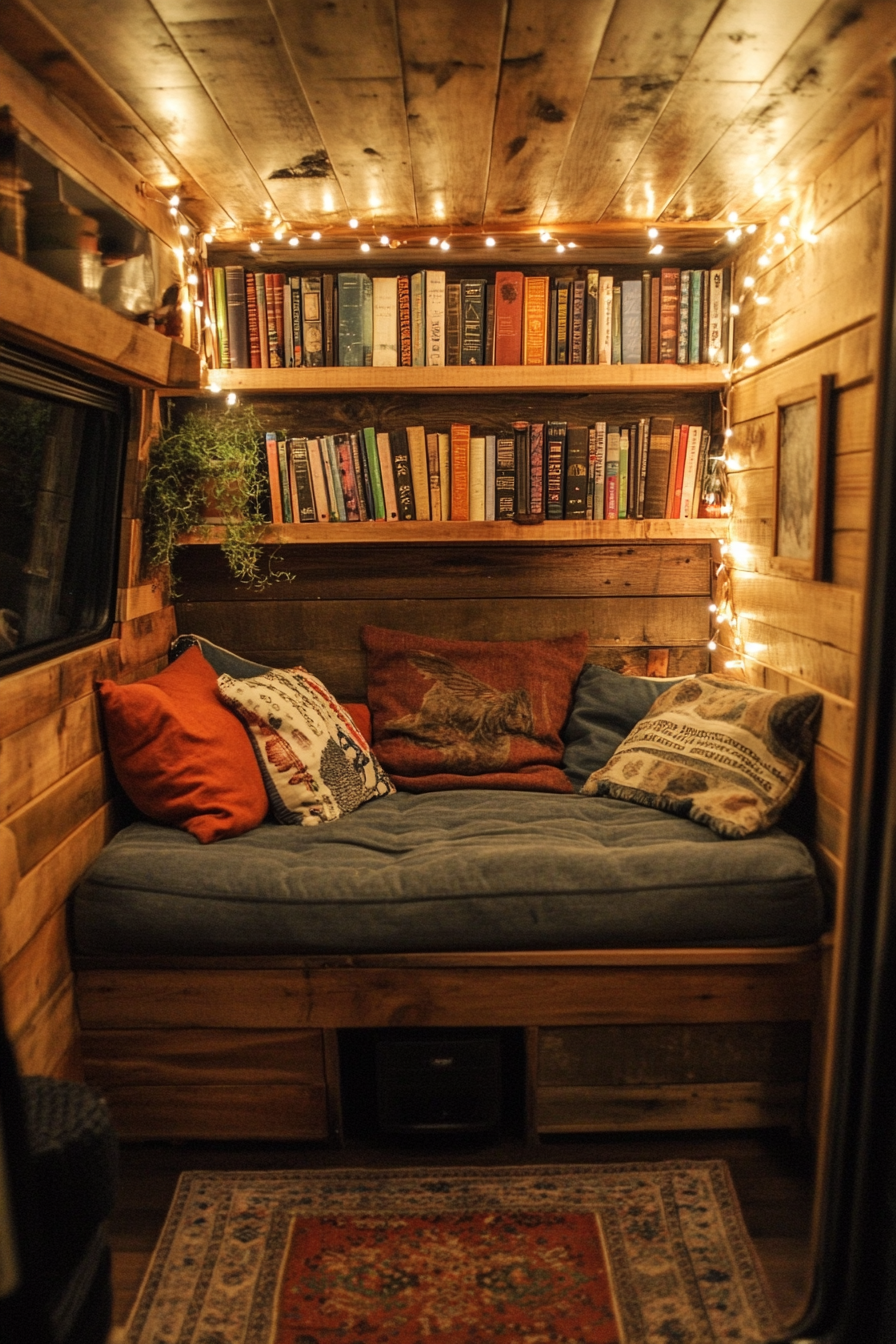 Eco-friendly van reading corner. Salvaged wood bookshelves, bioluminescent fairy lights, repurposed denim cushions.