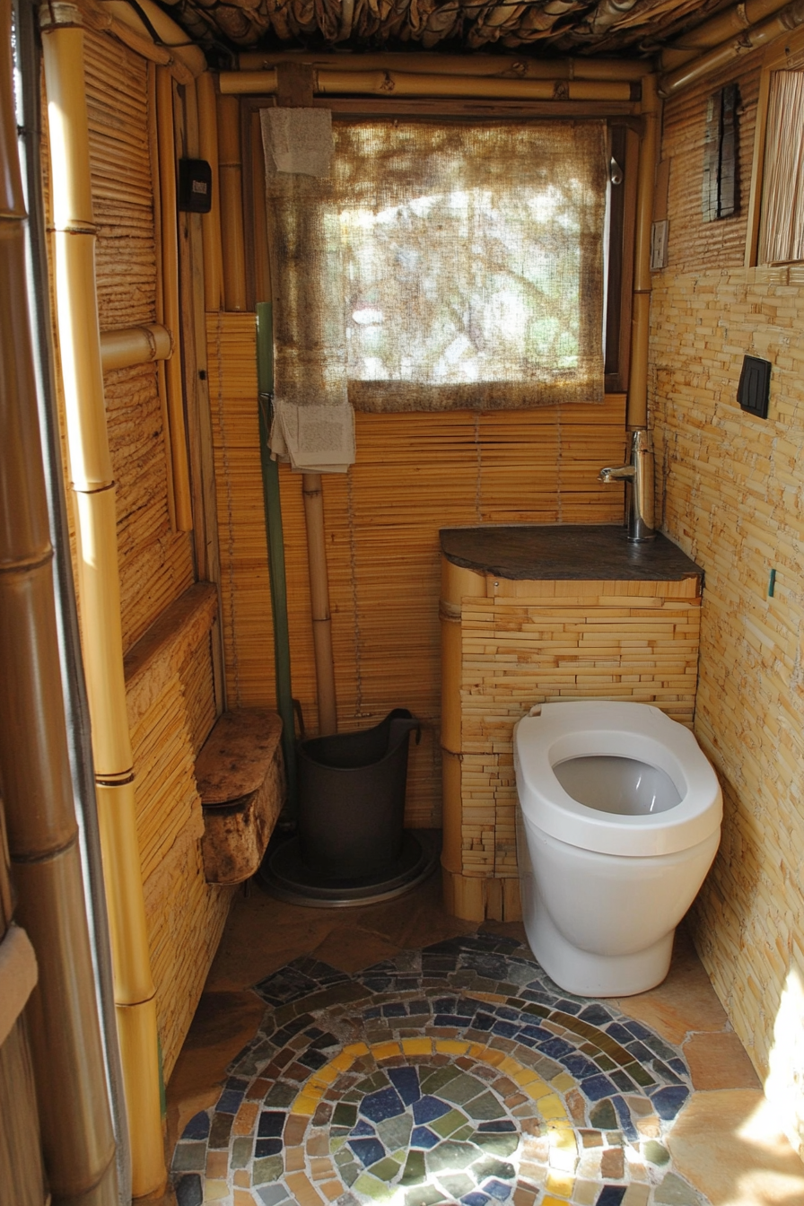 Sustainable tiny bathroom. Composting toilet, bamboo walls, greywater system beneath mosaic tile floor.