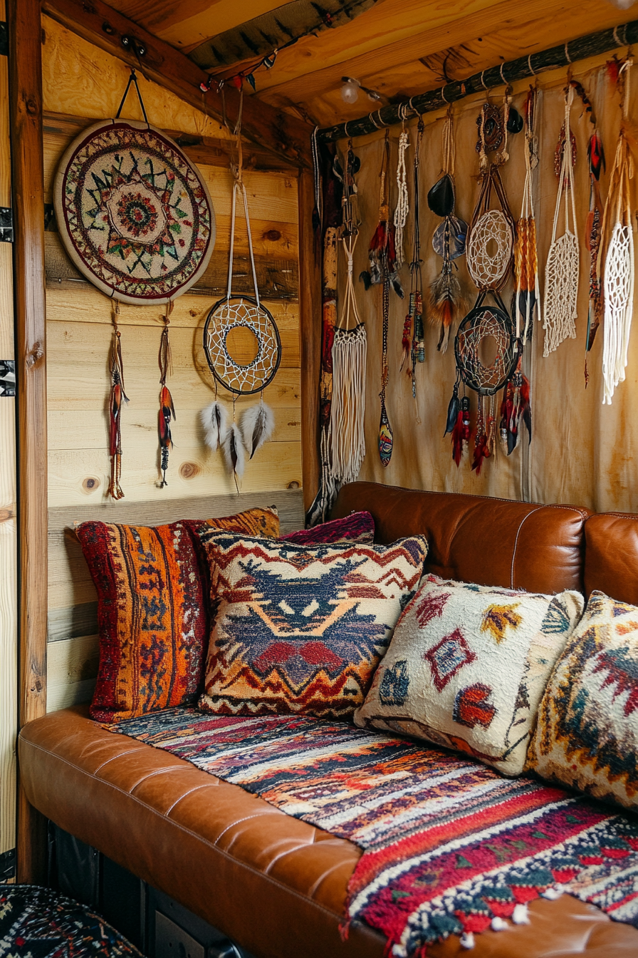 Van bedroom. Leather couch, Navajo-textile made pillows with hanging dreamcatchers.