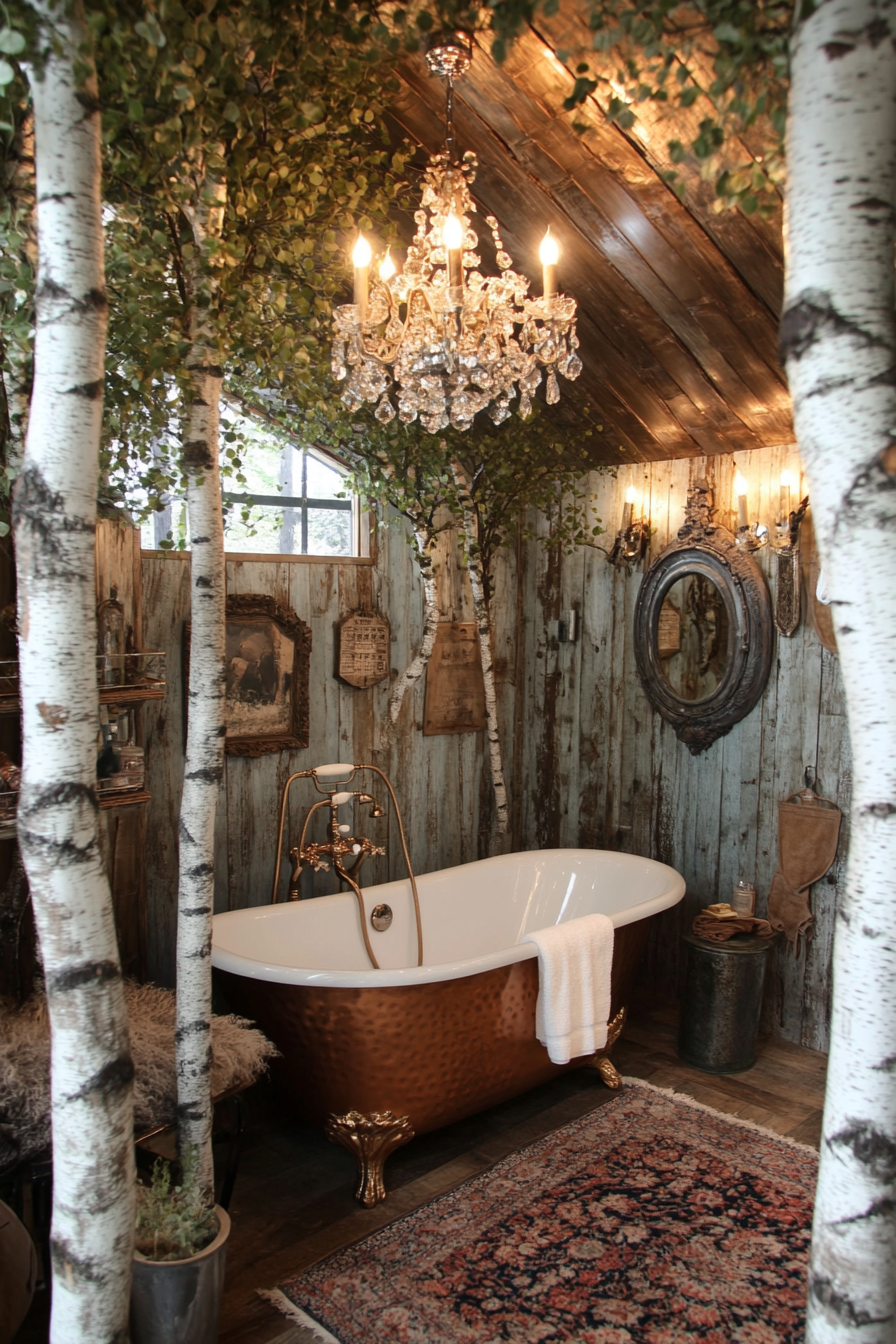 Luxury glamping bathroom. Indoor birch trees, Victorian-era copper tub under a crystal chandelier.