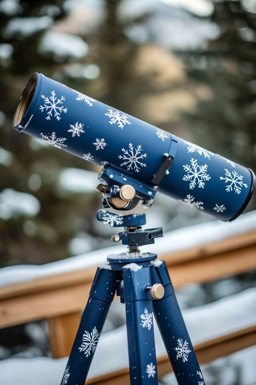 Alpine Tiny House Deck. Navy blue telescope mount with white snowflake designs.