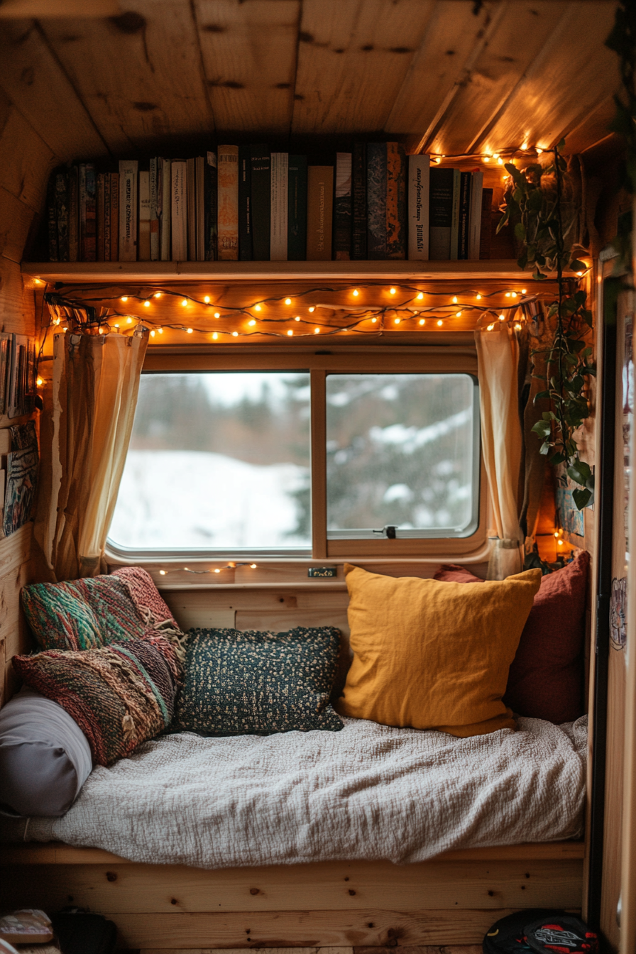 Eco-friendly van reading corner. Book storage made from bamboo with warm-toned fairy lights.