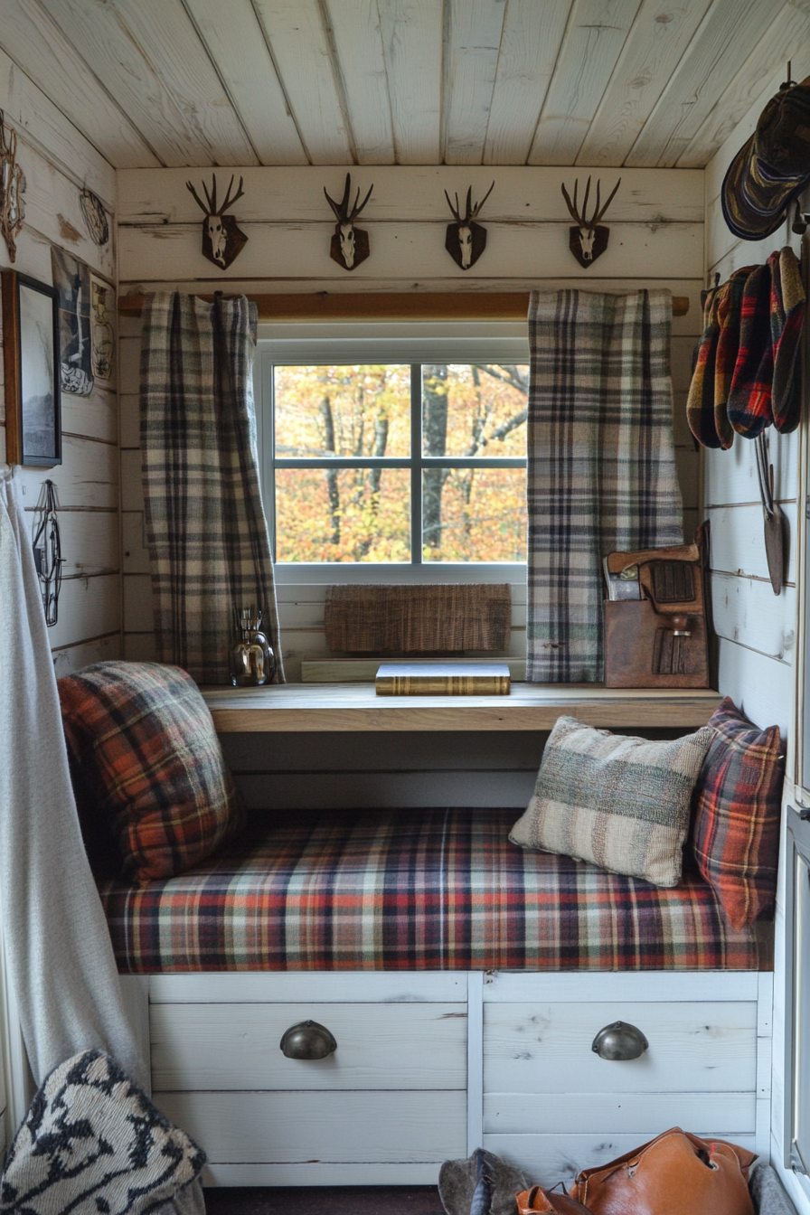 Alpine tiny house office. Pine desk with antler hooks and plaid cushions.