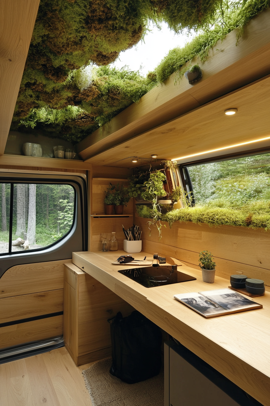 Van workspace. natural oak desk paired with a mossy green living roof.