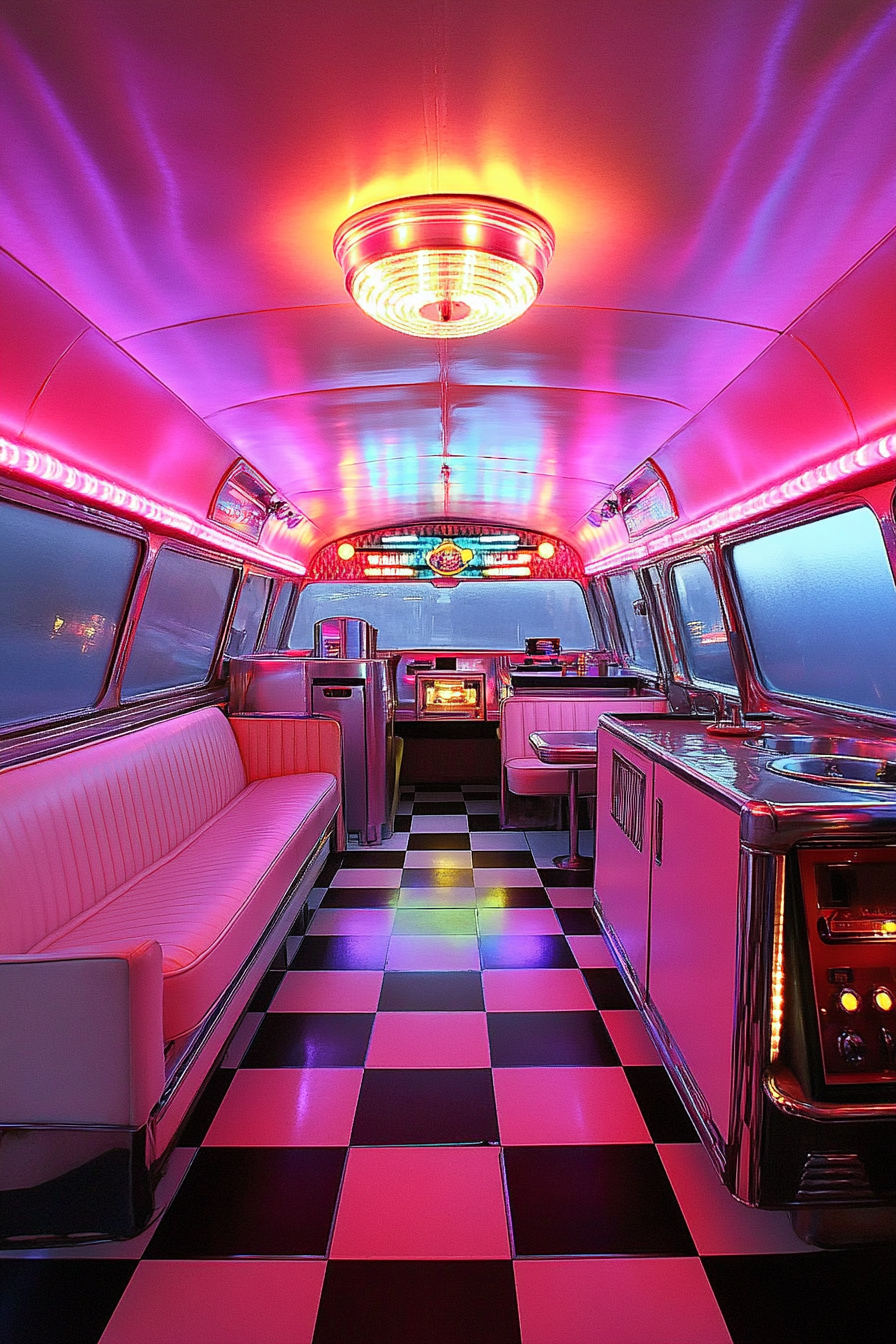 Camper dining space. Checkerboard floor, vinyl booth seating, neon jukebox and chrome accents.