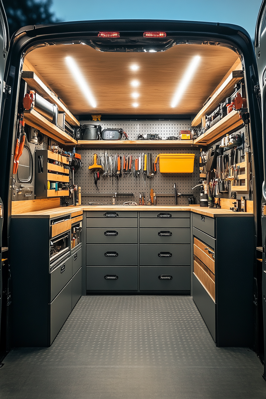 Van workshop. Overhead cabinets with secure storage for complex mechanical tools.