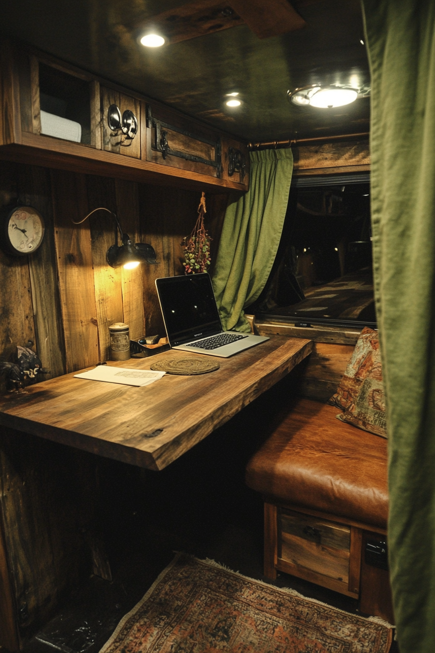 Sprinter van office space. Recycled wood desk with moss green hemp curtains.