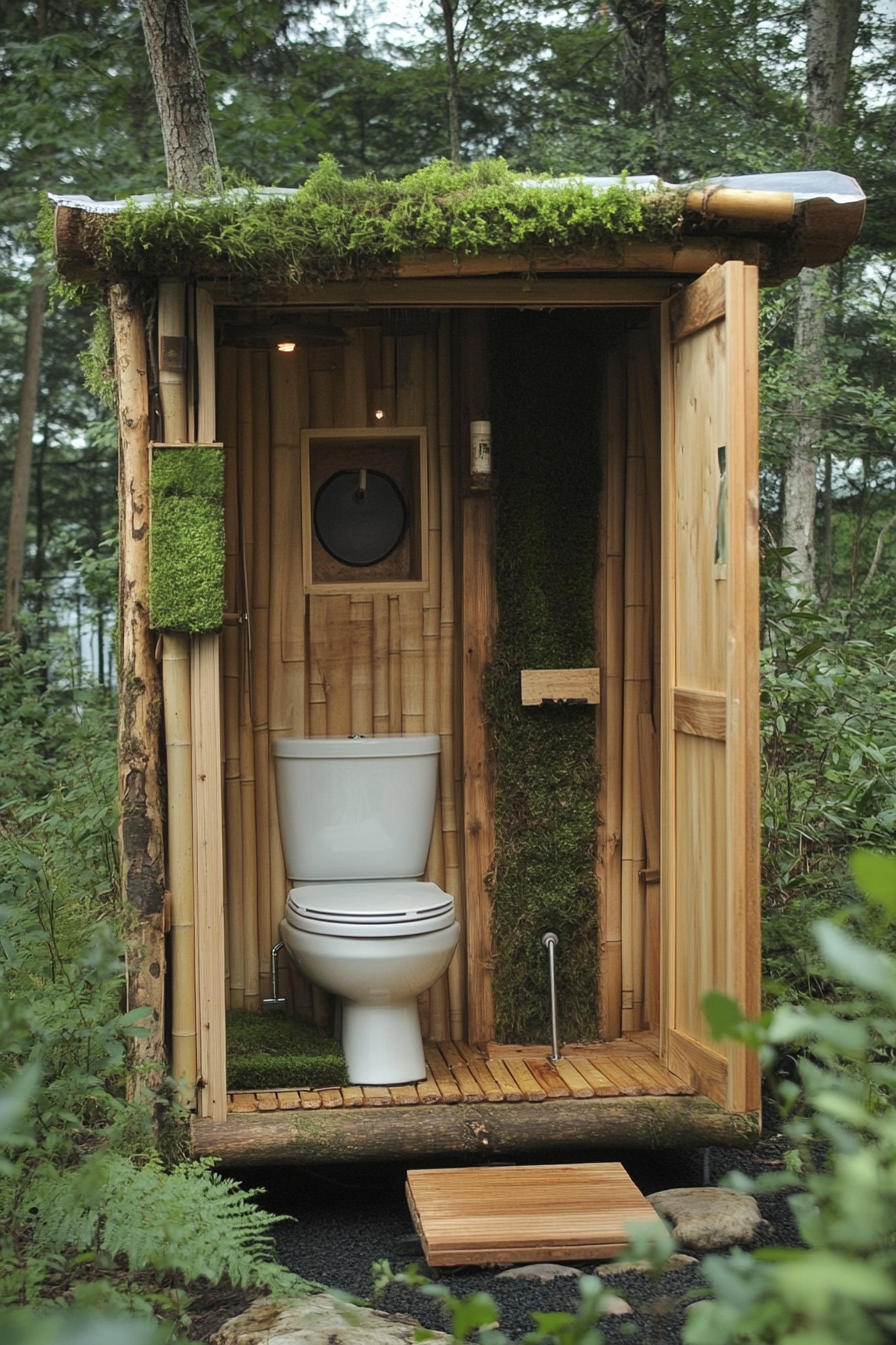 Sustainable Tiny Bathroom. Standalone bamboo shower, grey water plumbing, moss green composting toilet.