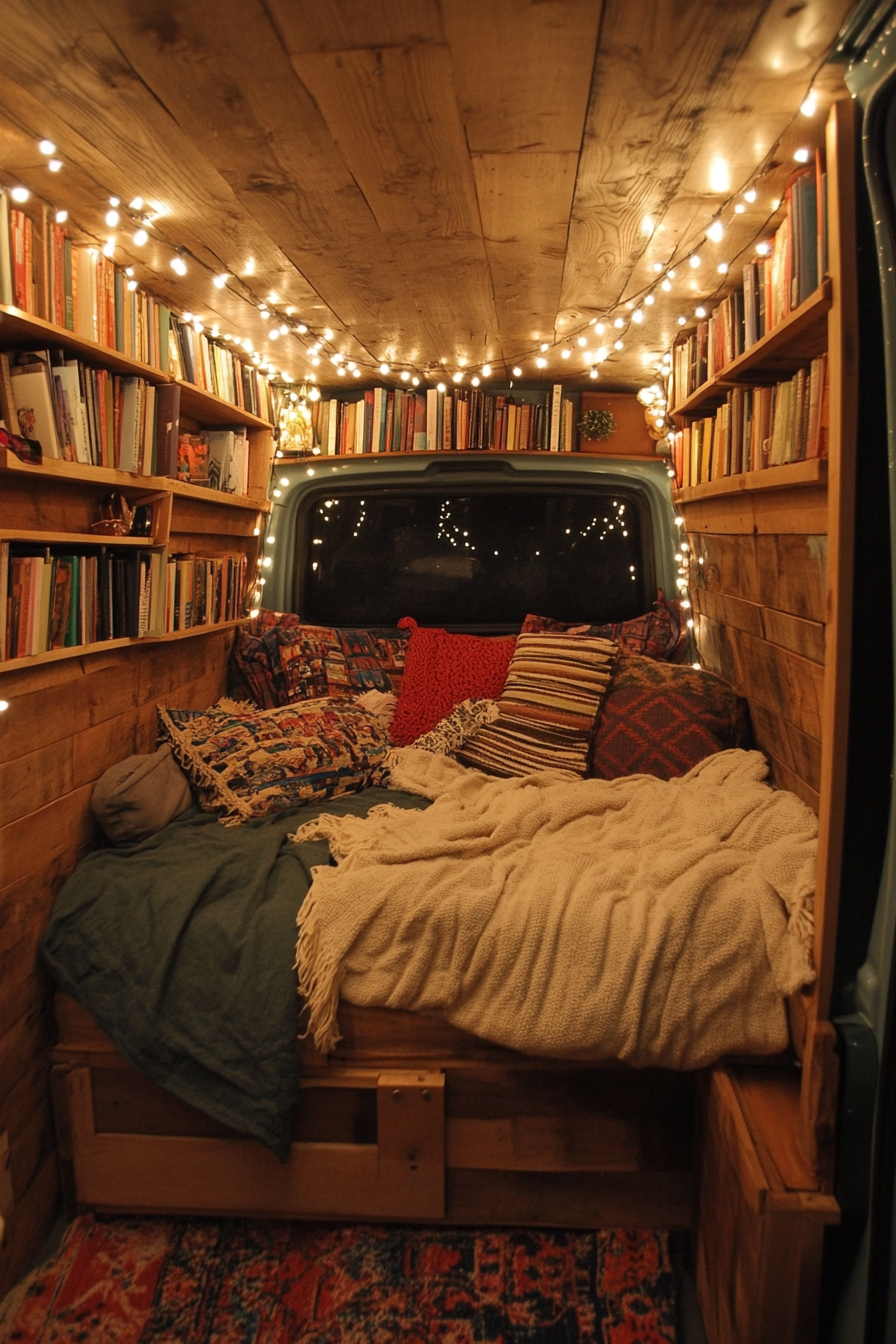 Eco-friendly van reading corner. Fairy lights draped around sustainable reclaimed wood bookshelves.