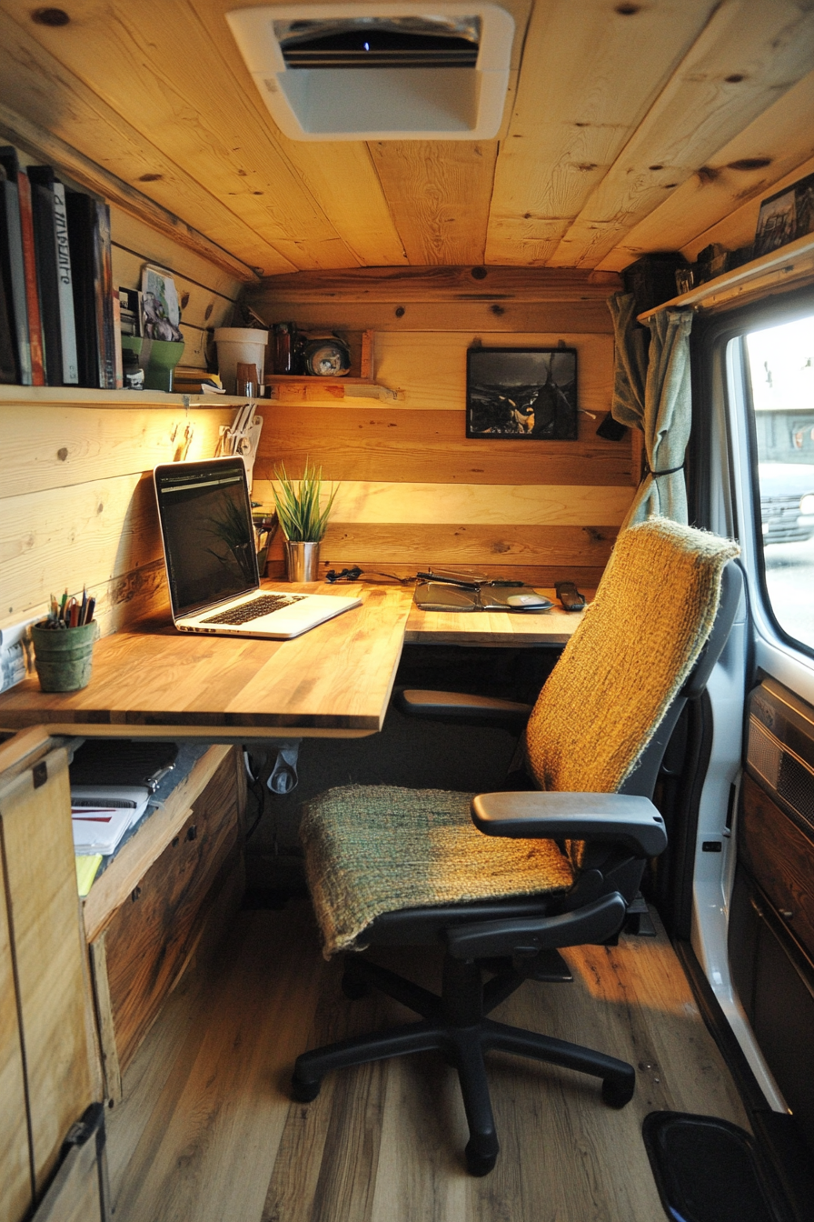 Sustainable Sprinter Van Office Space. Recycled wooden desk with hemp chair.