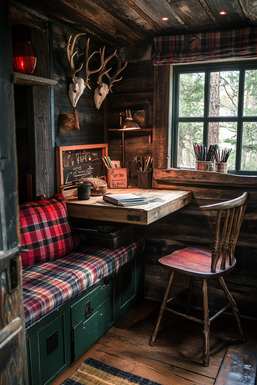 Alpine Tiny House Office. Pine desk with antler hooks hanging behind, paired with plaid cushions.