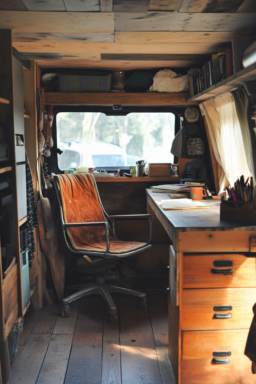 Sprinter van office space. Bamboo flooring, repurposed metal chair, recycled wood desk.