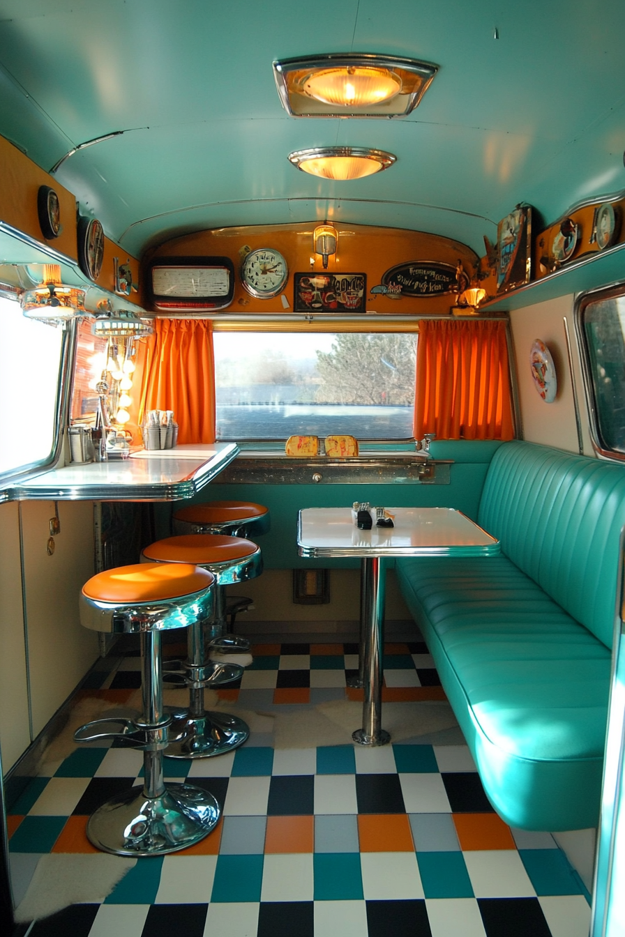 Retro-style camper dining space. Checkerboard floor, teal booth seating, chrome diner-style stools.