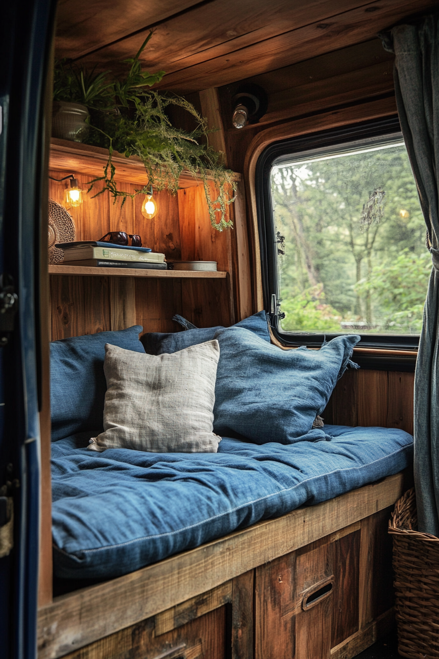 Eco-friendly van reading corner. Rope-lit, bamboo shelf, denim cushions.