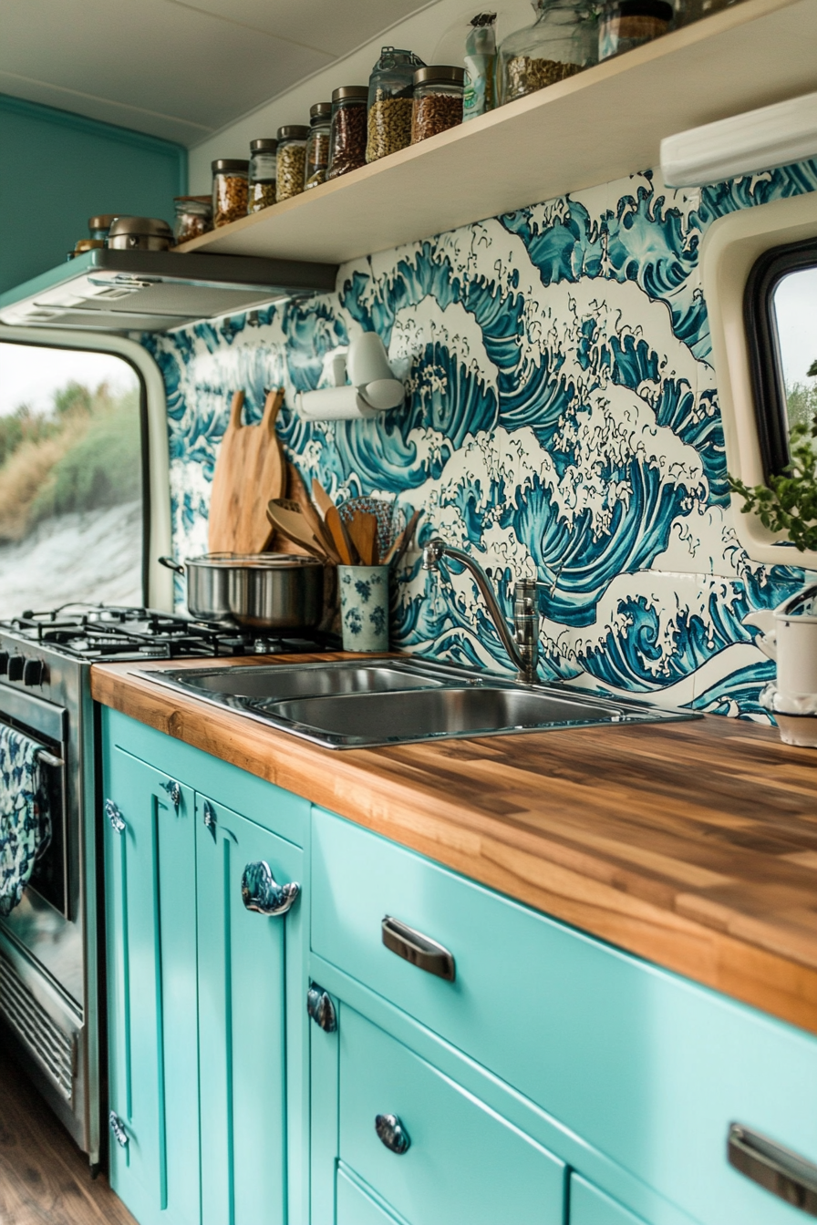 Retro surf van kitchen. Aqua cabinets, wooden countertop, wave patterned tiles.