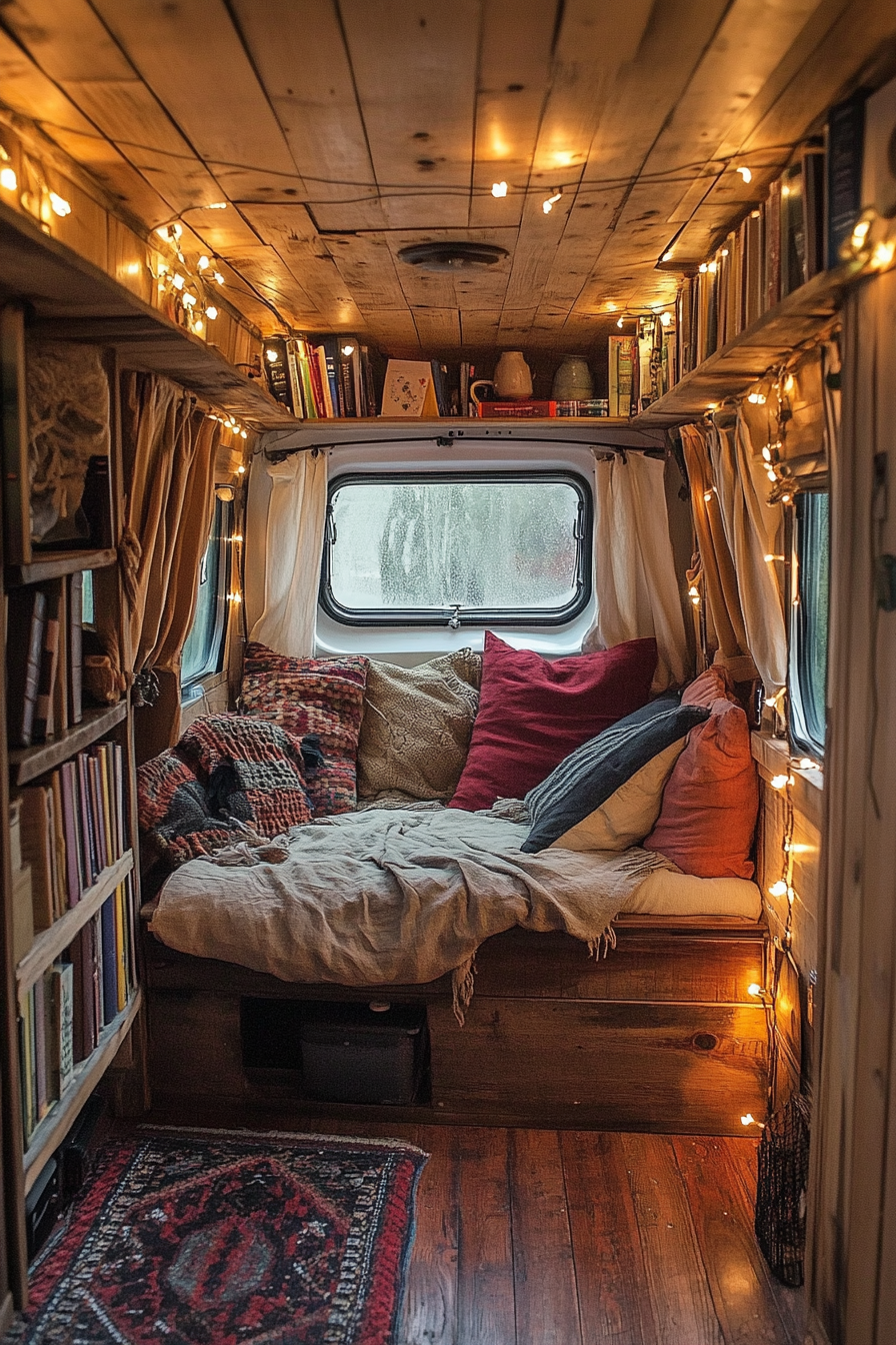 Eco-friendly van reading corner. Fairy lights draping over reclaimed timber book storage.