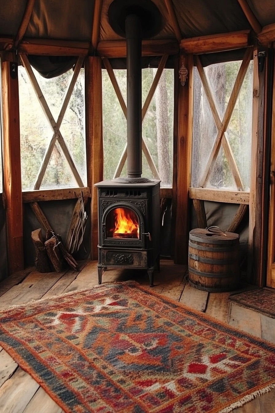 Rustic-style yurt. Tribal woven rug beside antiquated wooden stove.