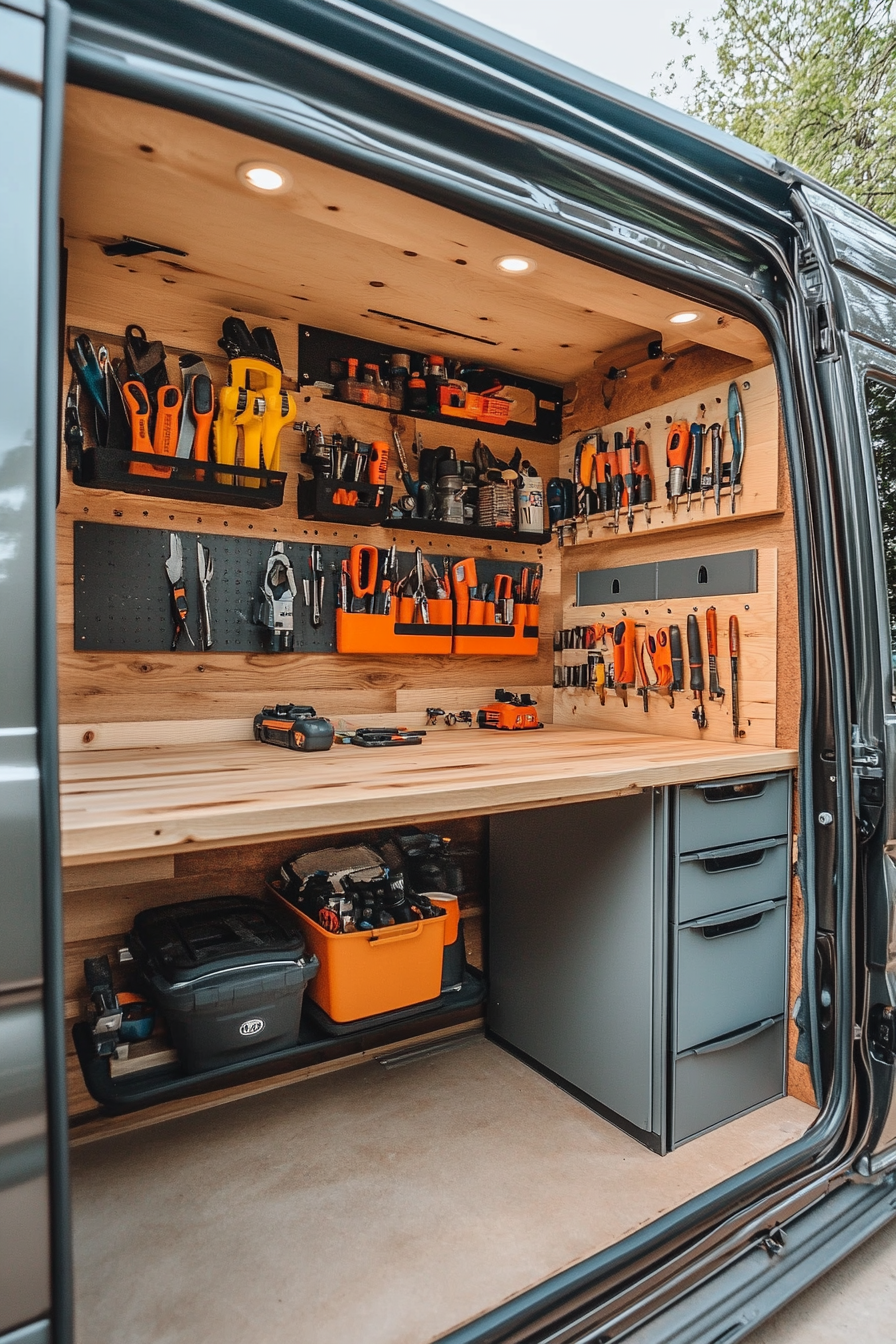 Van workshop setup. Fold-down workbench, wall-mounted tool organizer, compartmentalized parts storage.