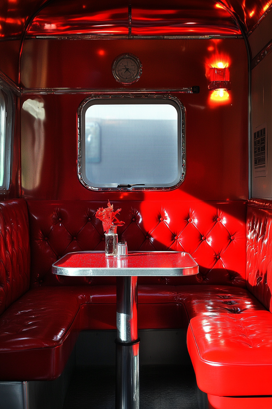 Vintage Airstream Dining Nook. Red vinyl booth, diamond tufted, with chrome pedestal table and formica countertop.