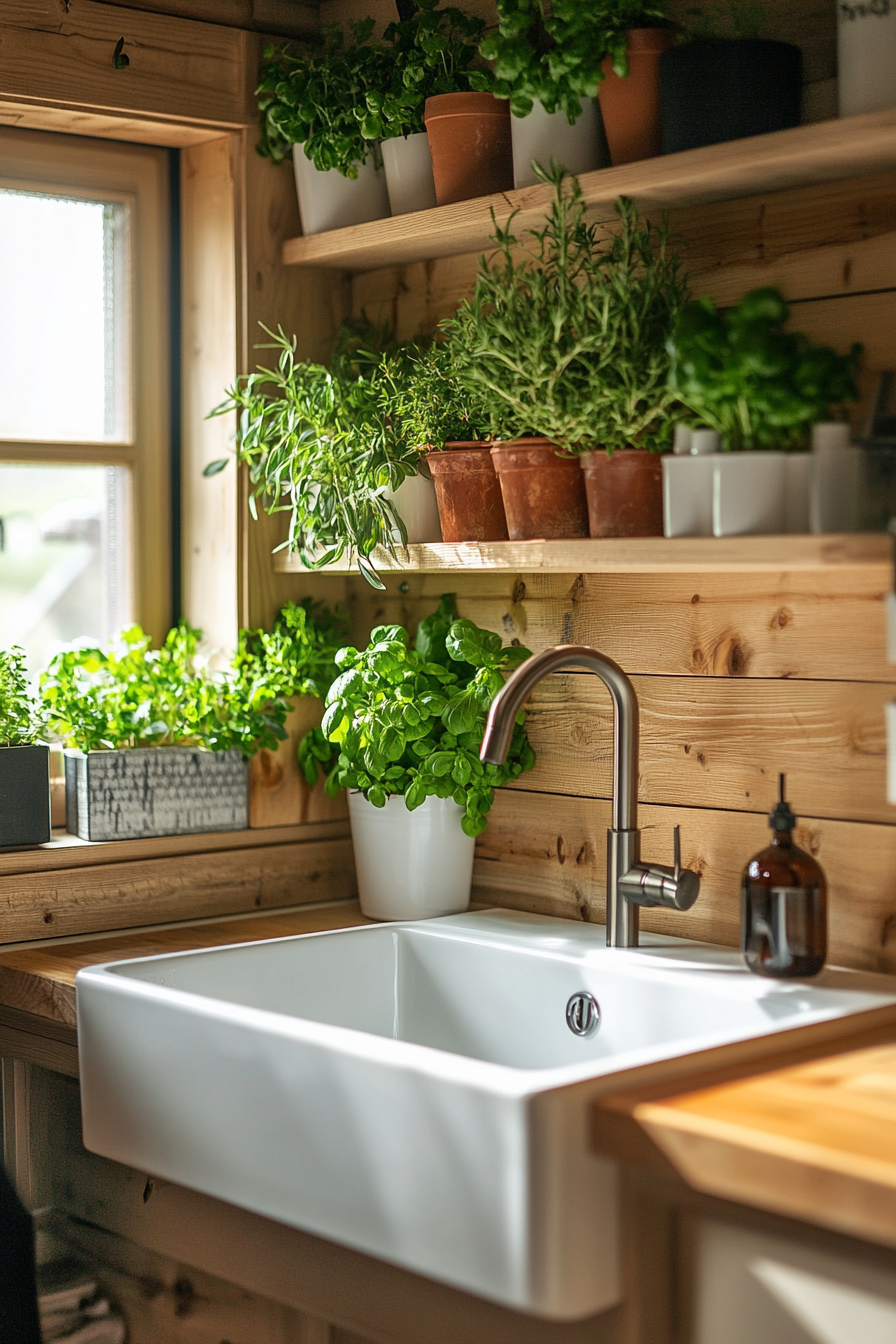 Tiny kitchen. Beige toned apron sink in a modern farmhouse with windowed herb wall.