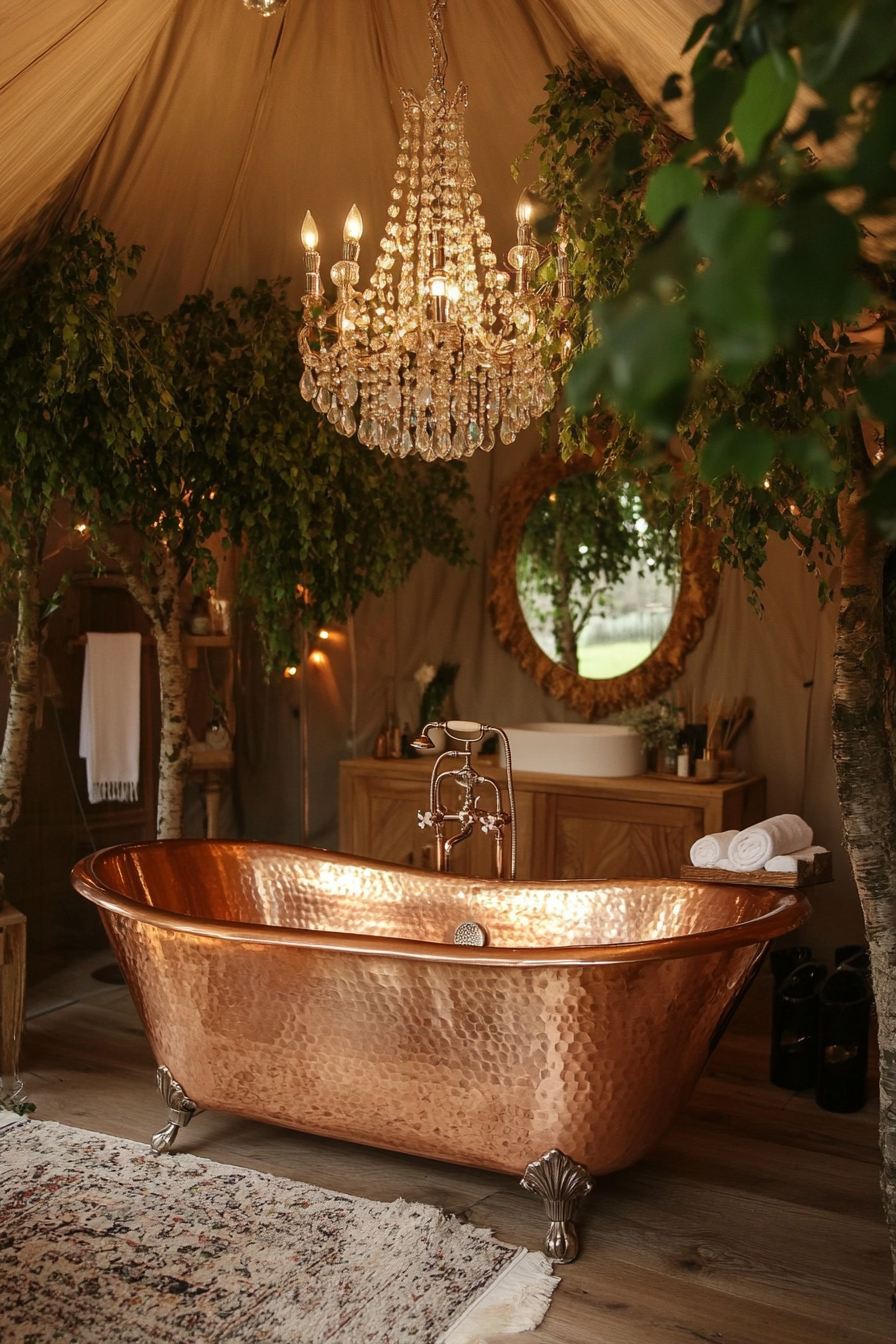 Luxury Glamping Bathroom. Copper freestanding tub under crystal chandelier surrounded by tropical indoor trees.