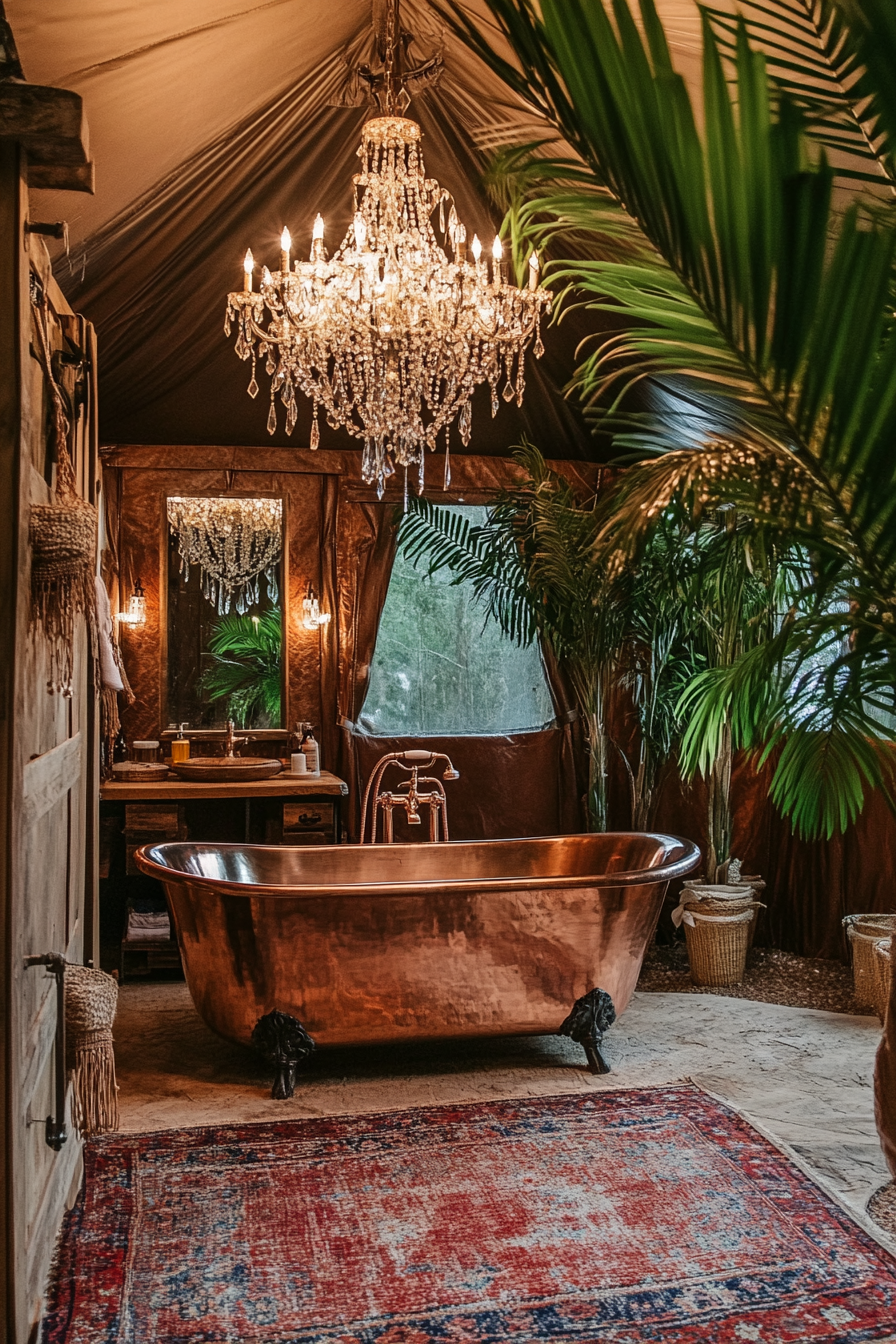 Luxury Glamping Bathroom. Copper tub under crystal chandelier surrounded by indoor palm trees.