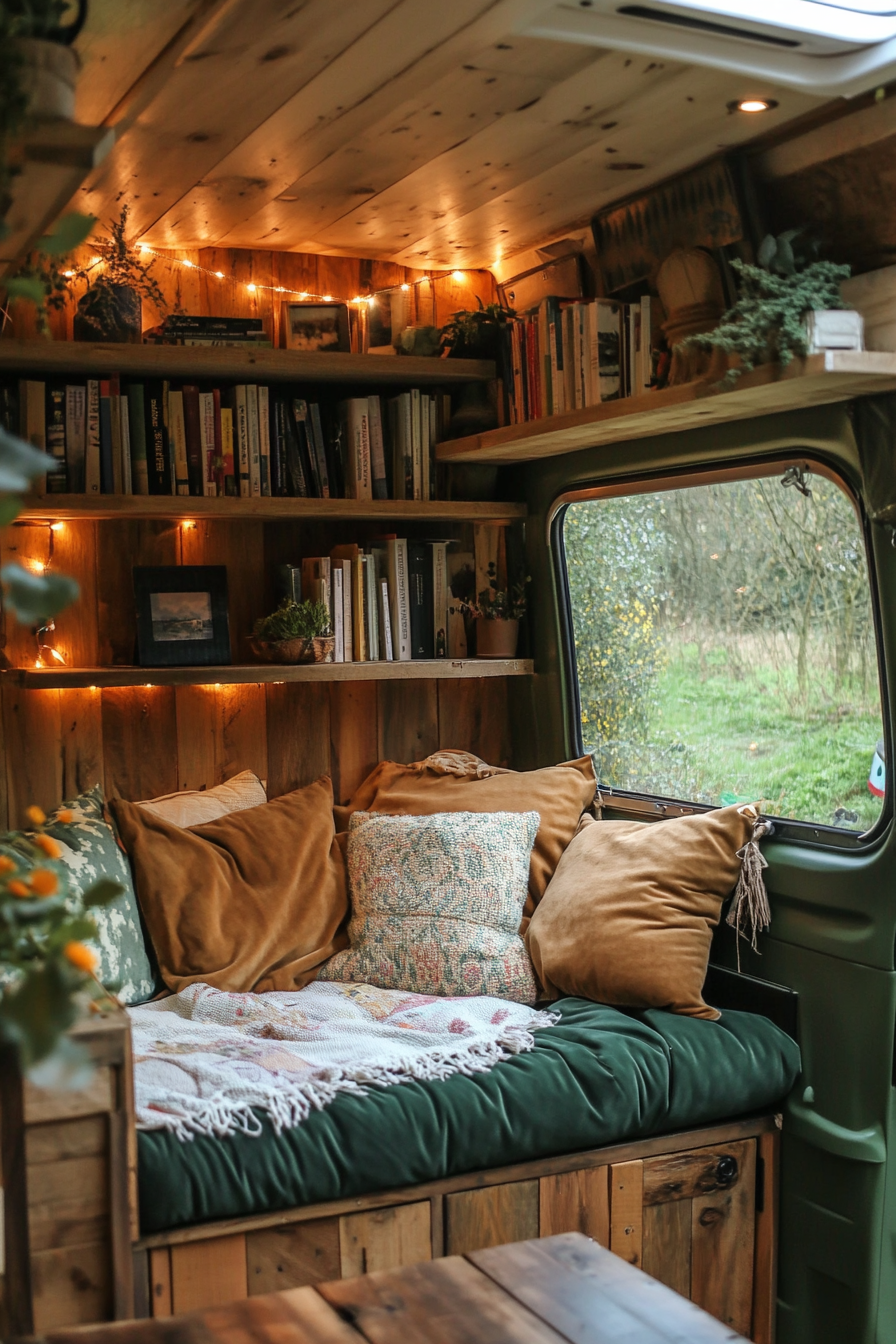 Eco-friendly van Reading corner. Salvaged wood bookshelves, LED fairy lights, reclaimed velvet cushions.