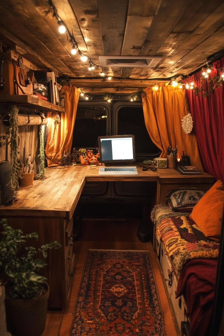 Sprinter Van Office Space. Recycled wood desk, hemp curtains, LED lighting.