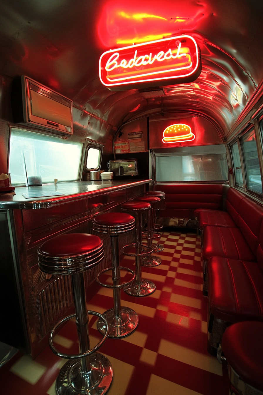 Retro-style camper dining space. Maroon checkerboard floor, neon hamburger sign, shiny chrome bar stools.