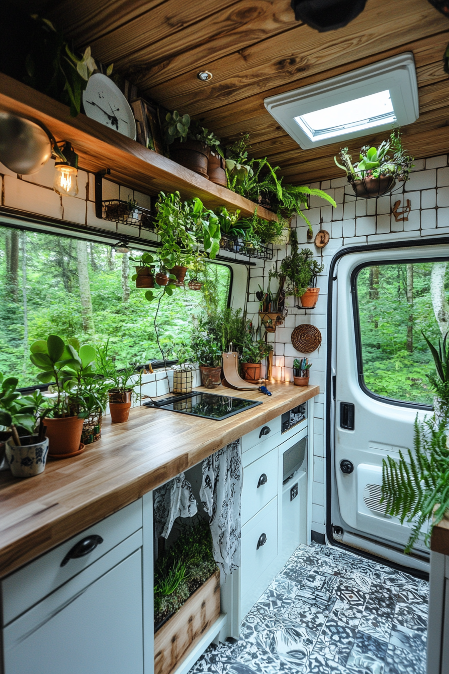 Biophilic Van Workspace. Living roof with variety of succulents and small ferns.